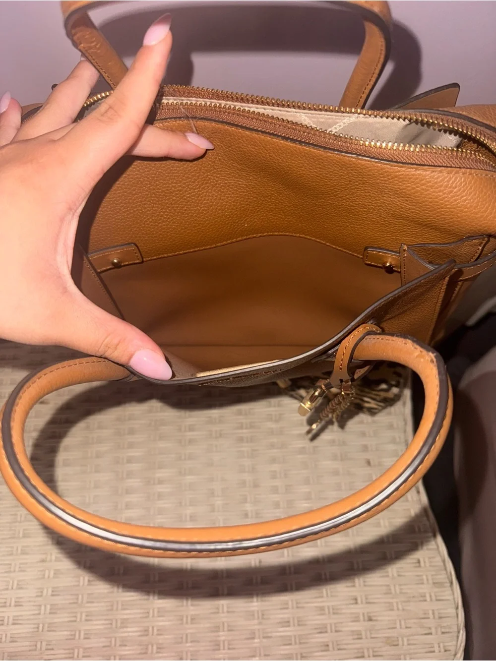 Michael Kors Cognac Pebbled Leather Satchel with Heart Charm